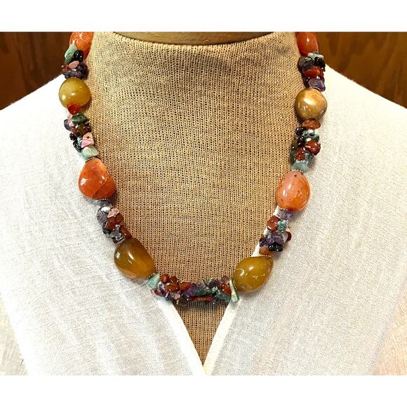 Vtg semi precious stone chunky statement necklace agate amethyst quartz cluster - Picture 1 of 4